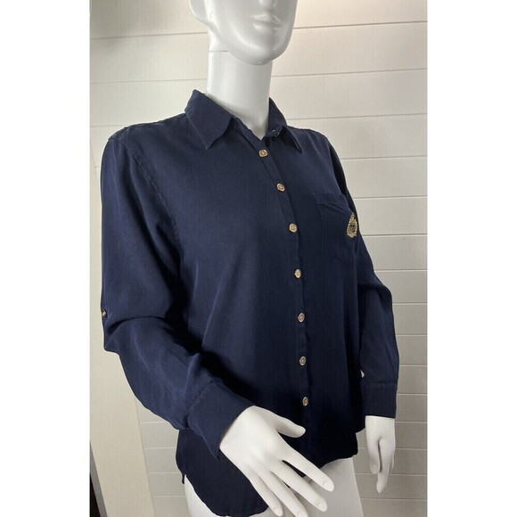 Lauren Ralph Lauren Silk Button Up Shirt 8 Navy RL Equestrian Crest Academia - Picture 9 of 11
